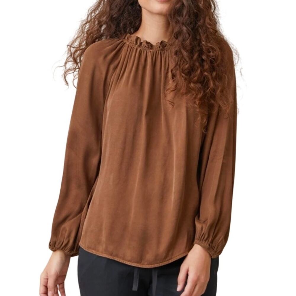 NWT BELLA DAHL Raglan Sleeve Shirred Neck Blouse Medium Chocolate Brown Office